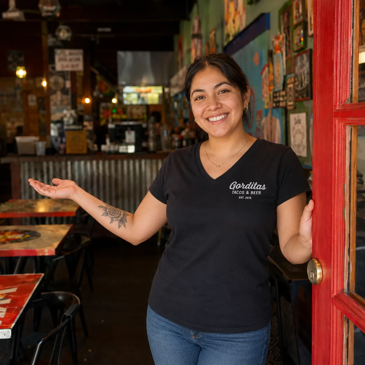 Gorditas team member welcoming guests at the restaurant entrance.
